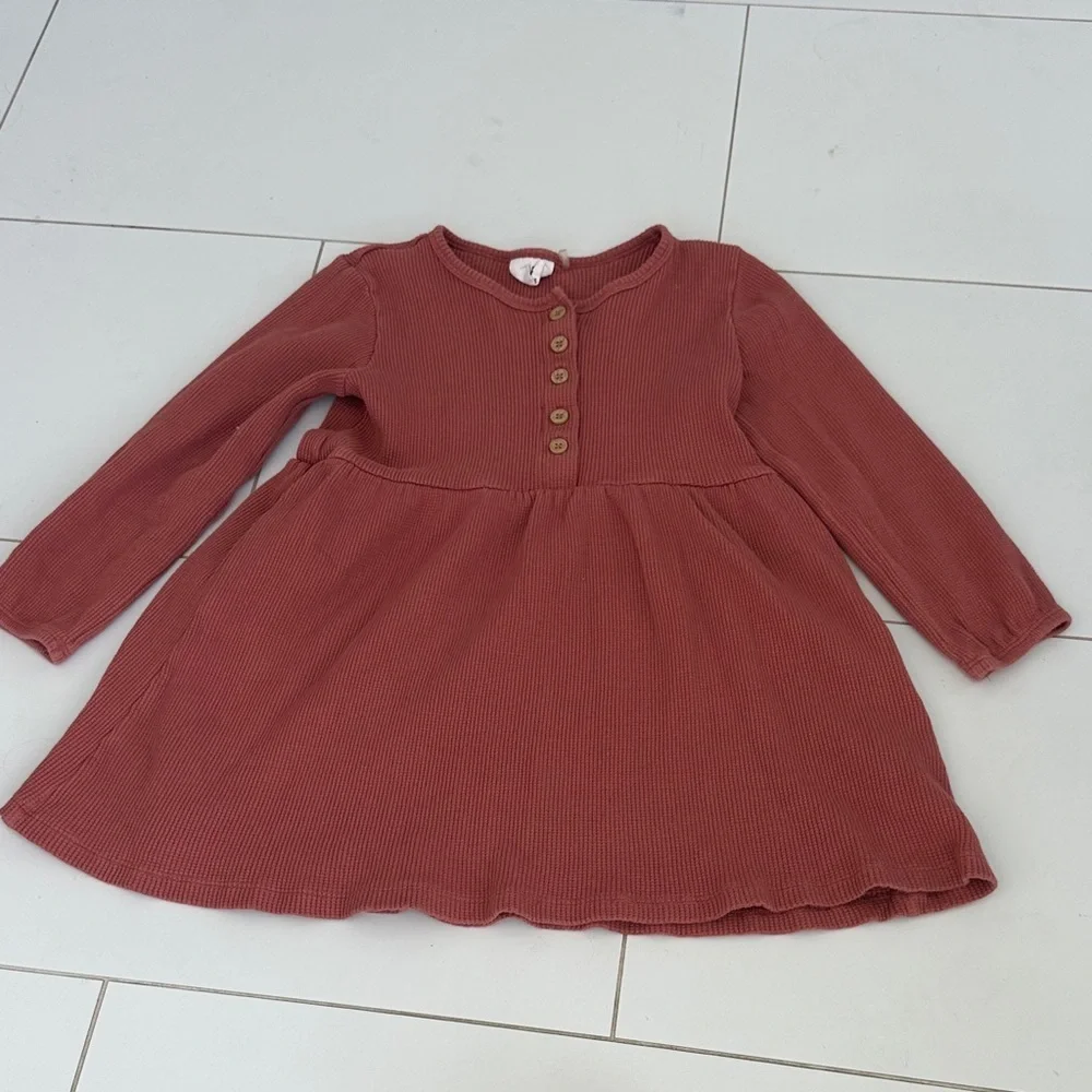 Cotton on ribbed Kids Long Sleeve Button Dress - Rust 5/6